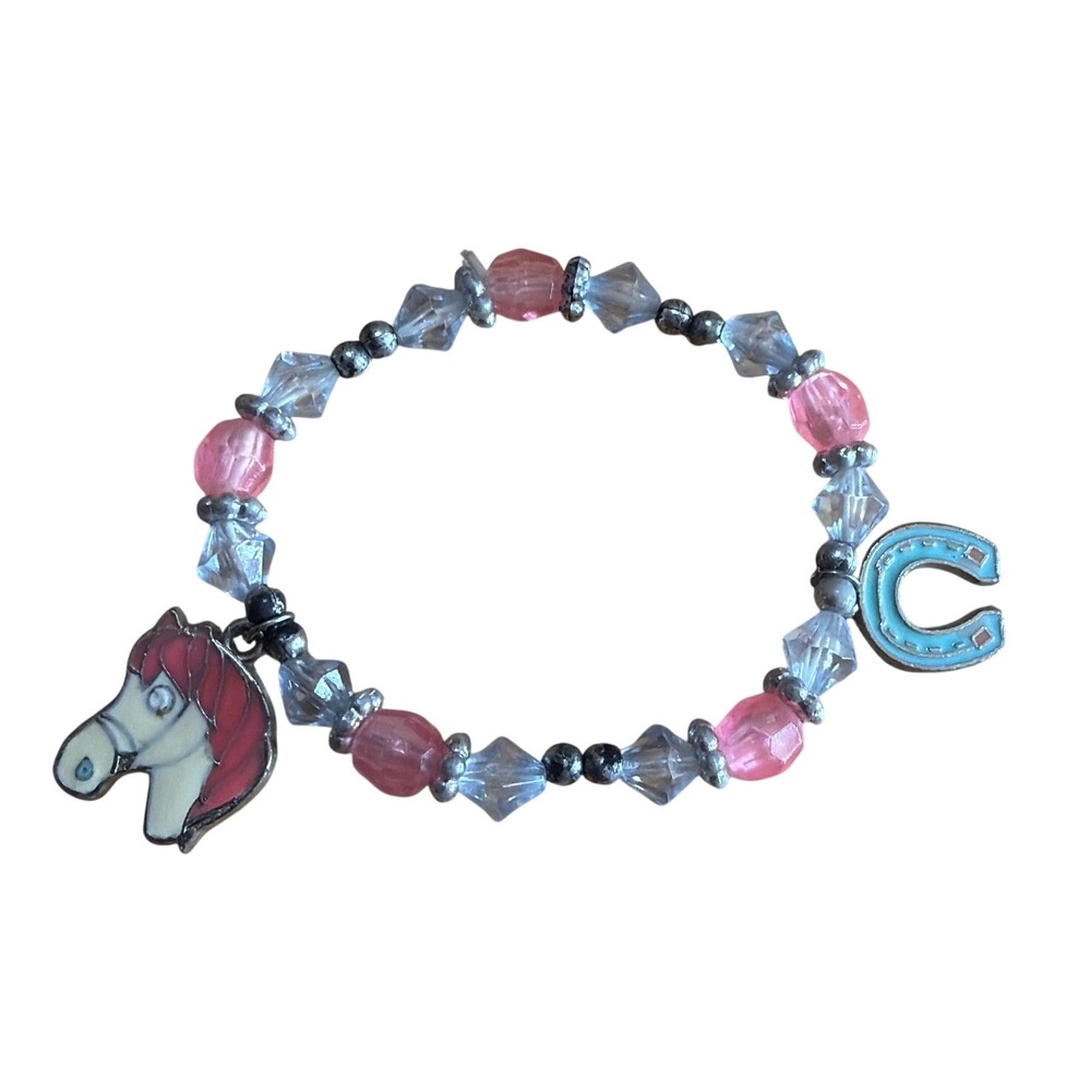 Horse Head and Horseshoe Charm Beaded Stretch Bracelet Pink Clear Equestrian